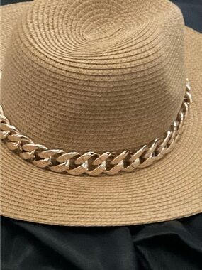 Woven Straw Fedora Hat with Gold Chain Trim - Tan